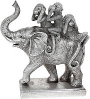 Декоративна інтер'єрна   статуетка "Слон та Мавпи" 25.5х10.5х27см, полістоун, срібло | HomeDreams