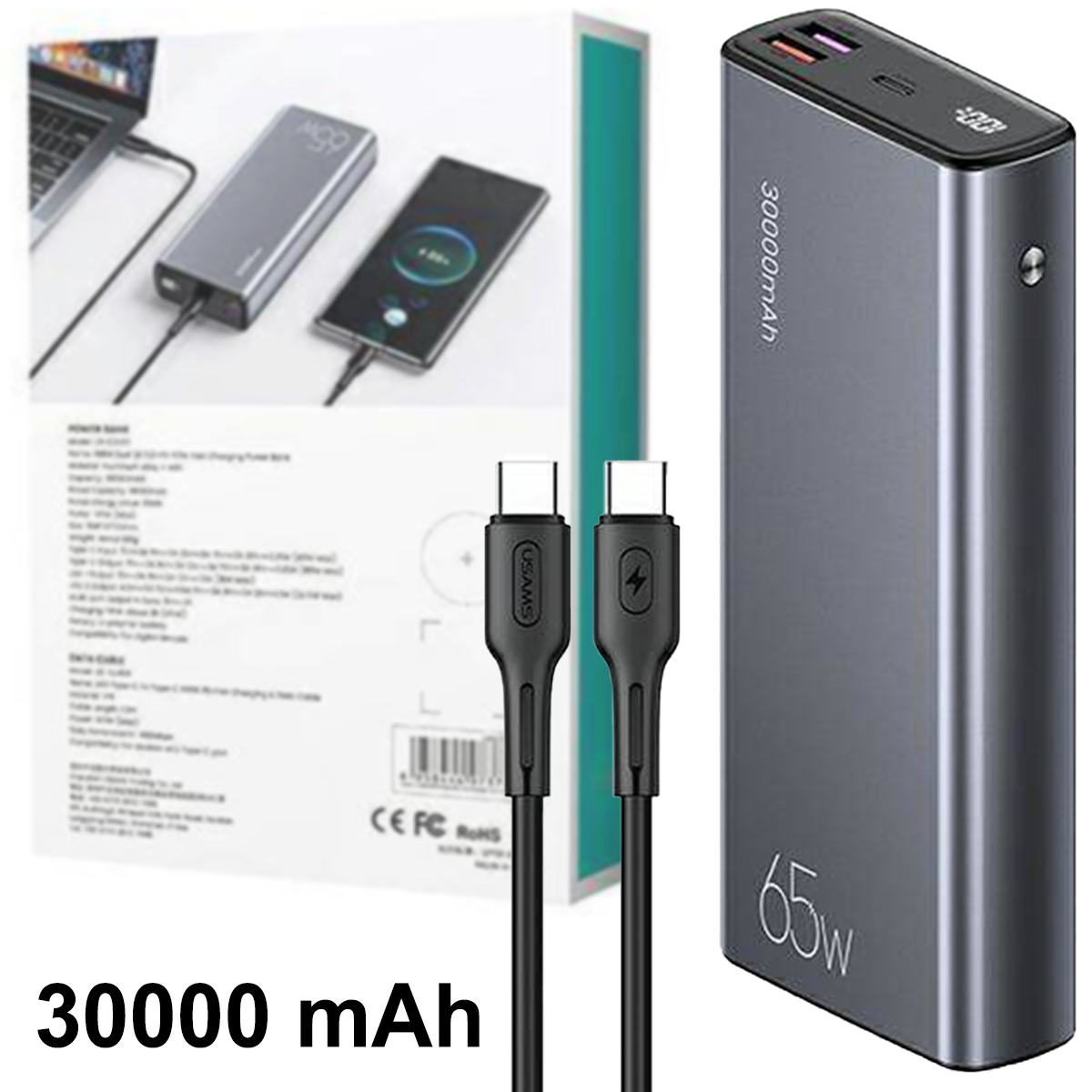 Мощный повербанк 30000mAh с кабелем Type-C 100W USAMS PB59 65W US-CD165 ...