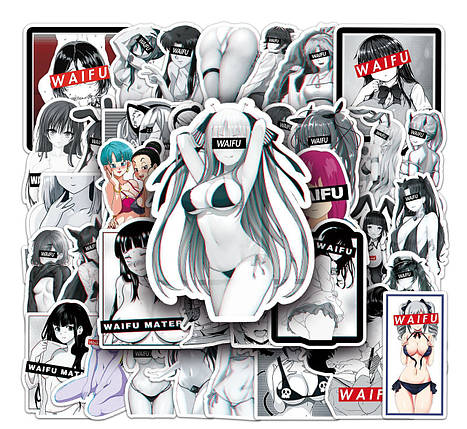 Набір вінілових наклейок стикерів Аніме Чорно-білі дівчата Waifu No2 Стикербомбінг на автотелефон 50 шт., фото 1