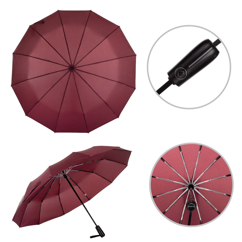 Парасолька складана KAFA 12 спиць з великим куполом, повний автомат, система антивітер, бордовий (3260), фото 1