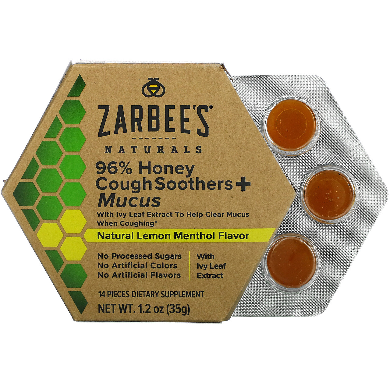 Zarbee's, 96% медове засіб від кашлю + слиз, натуральний лимонний ментол, 14 шт., Київ