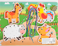 Гра деревяна "Шнурівка тварини", Развивающая игрушка "Шнуровка сельскохозяйственные животные" 46857