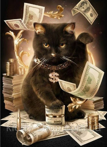 Діамантова вишивка. Картина на підрамнику "Грошовий кіт, чорний", 40х50см, квадратні стрази, фото 1