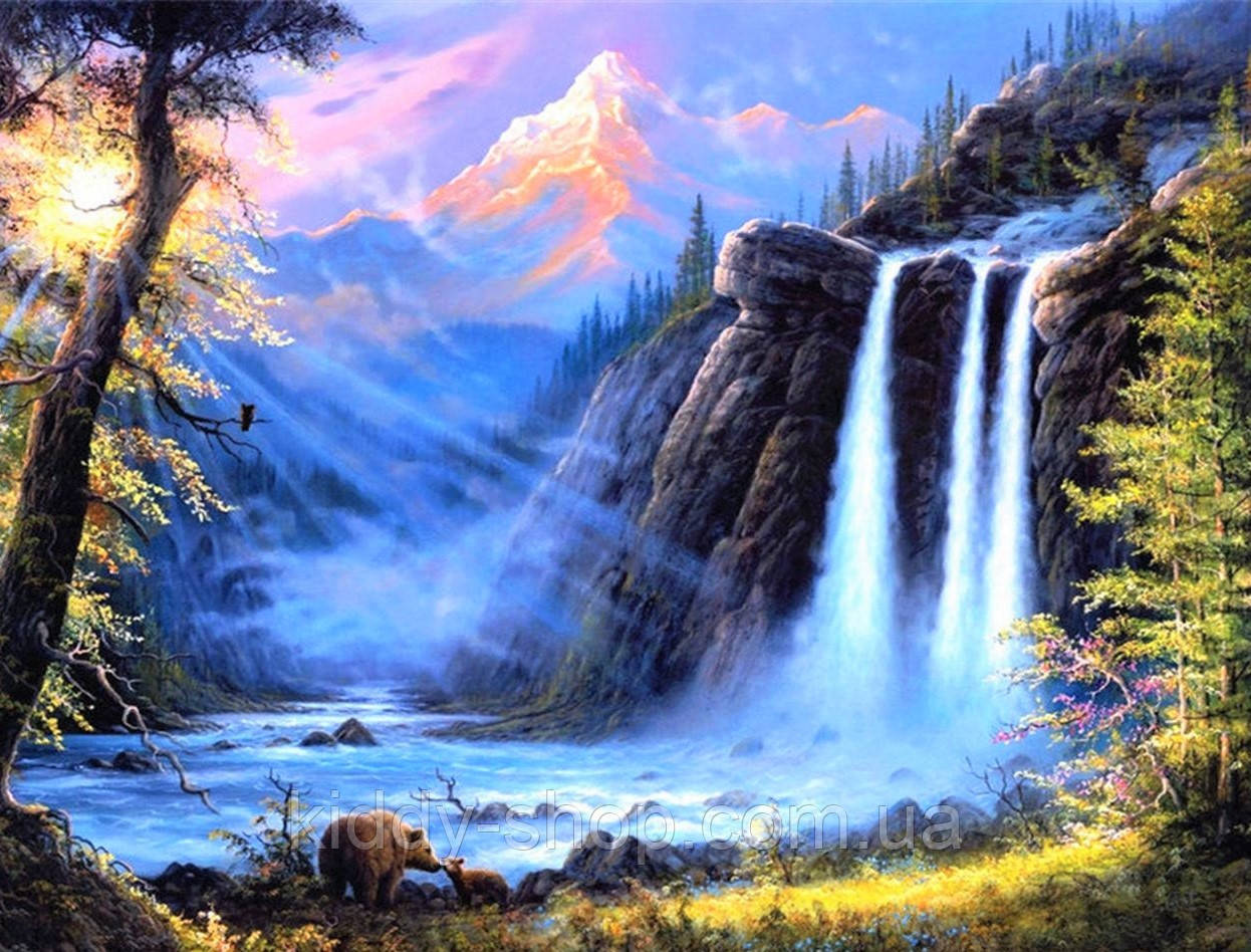 Діамантова вишивка. Картина на підрамнику "Біля водоспаду", 40х50см, квадратні стрази, фото 1