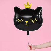 Шарик черный Котик голова с золотой короной фольгированная фигура 54×48 см