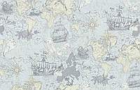 Фотообои карта мира виниловые горячего тиснения на флизелине LS Одиссея сине-бежевый ЭШТ 6-1539 (1,06х10,05 м)