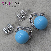 Сережки пуссети гвоздики сріблястого кольору розмір 9х9 мм фірма Xuping Jewelry сердечка з бірюзовими намистинами