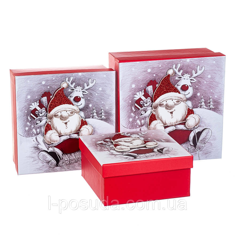 Квадратні картонні коробки для новорічних подарунків набір 3 шт 20*20*9,5 см