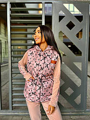 Жіночий осінній спортивний костюм трійка з жилеткою, кофта з капюшоном і штани з кишенями