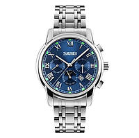 Классические наручные часы Skmei 9121 серебристые с синим циферблатом