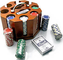 Покерний набір у дерев'яній підставці (200 фішок,2 колоди карток)