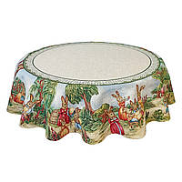 Скатерть гобеленовая пасхальная круглая праздничная для круглого стола с люрексом "Пасхальные Кролики"