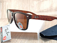 Солнцезащитные очки Ray Ban Wayfarer - черные c коричневыми дужками, очки от солнца с деревянными дужками