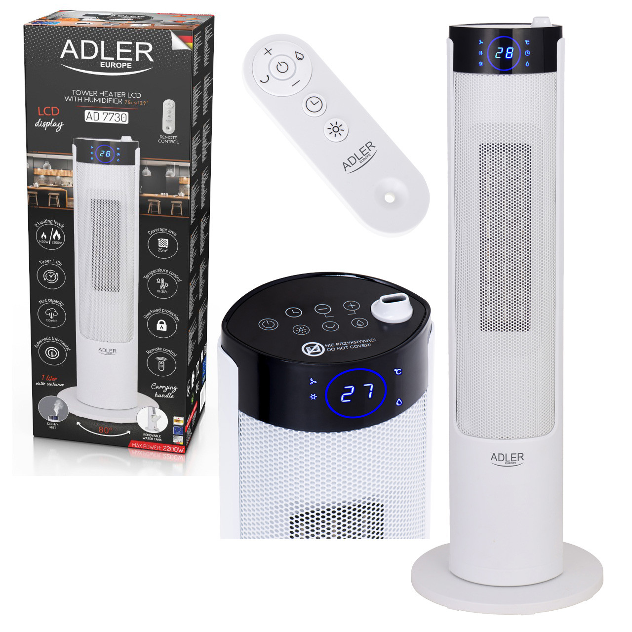 Колонний керамічний нагрівач Adler AD 7730 зі зволожувачем повітря (2200 Вт, 25 м2, Польща), фото 1