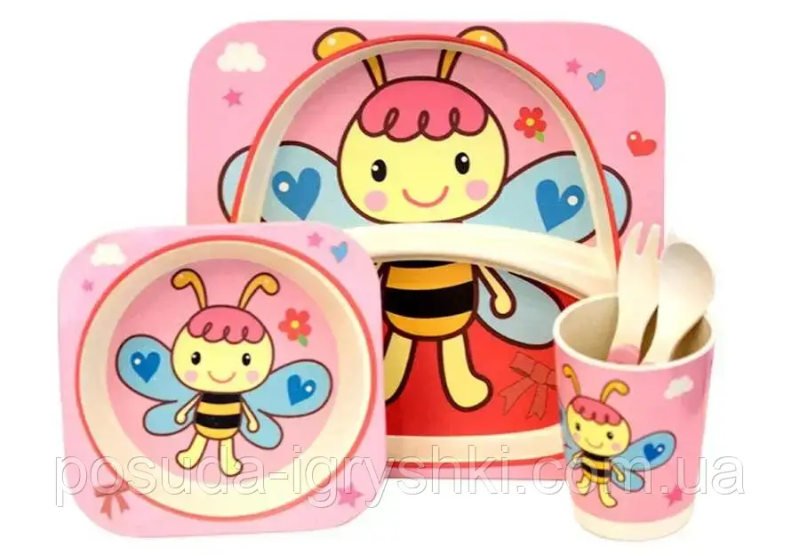 Посуд дитячий бамбук "Бджілка" 5 предметів у наборі (2тарілки, вилка, ложка, склянка) MH-2770-48