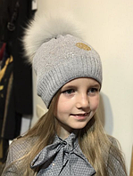 Теплая детская шапка для девочки с натуральный бубоном BARBARAS Польша WV38/JB Серый 54-56 см.Топ!
