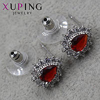 Серьги пуссеты гвоздики серебристого цвета размер 12х11 мм фирма Xuping Jewelry капельки с рубиновыми камнями
