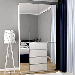 Сучасна маленька біла розпашна дзеркальна вузька шафа 120 см у спальню з шухлядами та штангою для одягу FLASHNIKA HOLD №17d