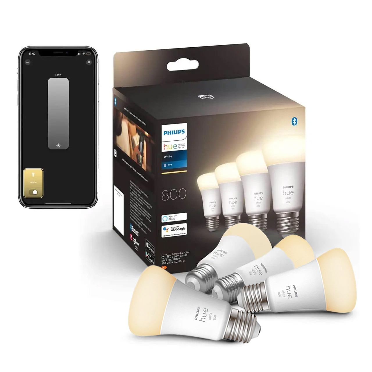 Розумні LED лампочки Philips Hue E27 White 800лм 60Вт 6W, ZigBee, Bluetooth, Apple HomeKit, 4шт.