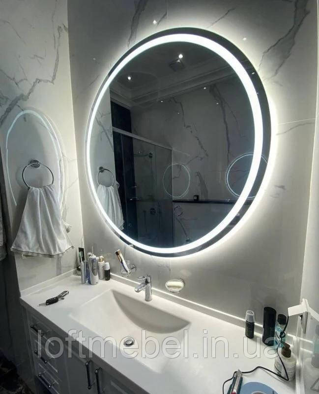 Кругове дзеркало з фронтальною лід підсвічуванням велике нерівне і в рамі 100, фото 1