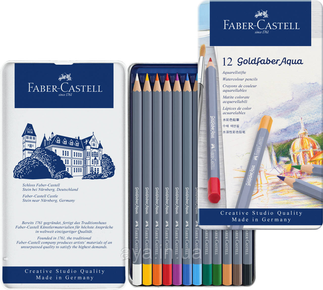 Акварельні олівці Faber-Castell Goldfaber Aqua 12 цв. в металевій коробці, 114612
