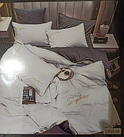 Сатиновое постельное белье полуторка HOME TEXTILE белый с серым.