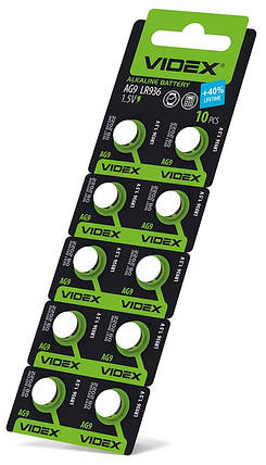 Батарейки часові лужні Videx АG9 (LR936) AG9/10B/1.5V (1 блістер) 10 шт., фото 2