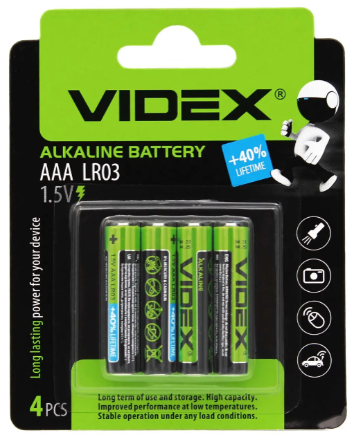 Батарейка пальчикова Videx R3/AAA ALKALINE 1,5V (4 шт)