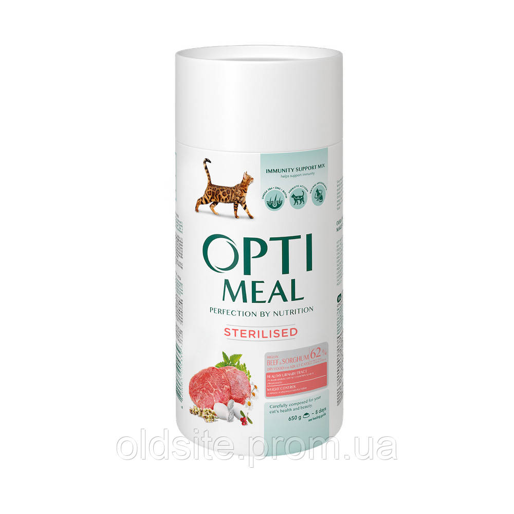 Корм Optimeal Adult Cat Sterilised Beef & Sorghum повнораціонний сухий для стерилізованих кішок та кастрованих котів з високим