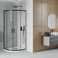 Черная душевая кабина полукруглая с прозрачным стеклом Mexen Rio Black + белый поддон 5см