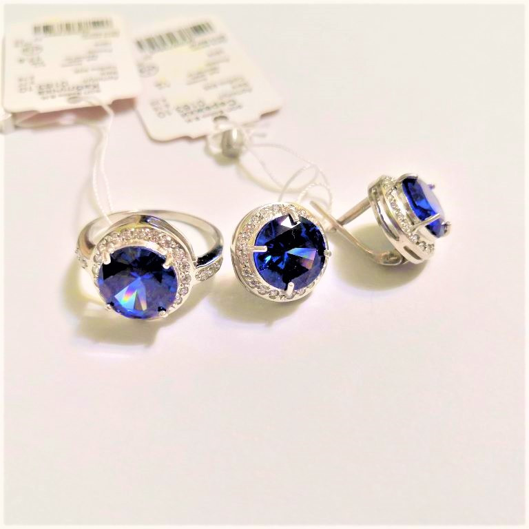Срібний набір з синім кристалом кільце сережки Світло