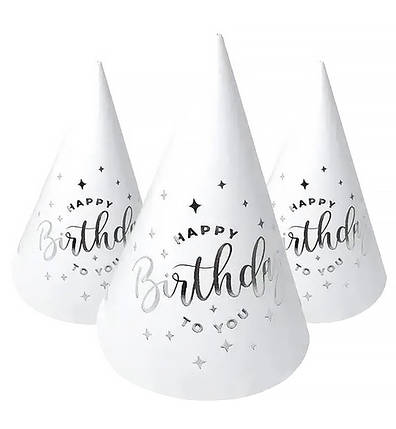 Ковпачки паперові "Happy Birthday" (5шт.), висота - 15 см, колір - срібло, фото 1