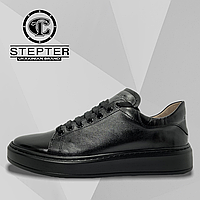 Подростковые кожаные кроссовки Stepter (Украина) черные со шнуровкой осень/весна деми 7489