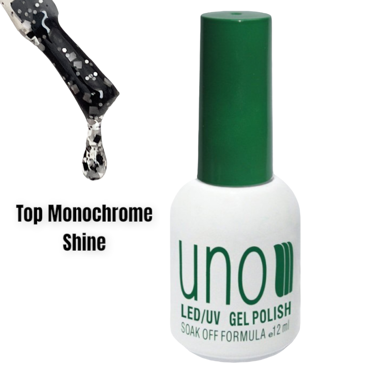 Топове покриття Top Monochrome Shine для гель лаку з чорними та срібними частинками, 12 мл.