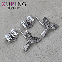 Серьги пуссеты гвоздики серебристого цвета размер 8х8 мм фирма Xuping Jewelry хвостик русалочки со стразами