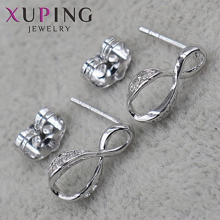 Серьги пуссеты гвоздики серебристого цвета размер 13х6 мм фирма Xuping Jewelry восьмёрочки с узорами, фото 1
