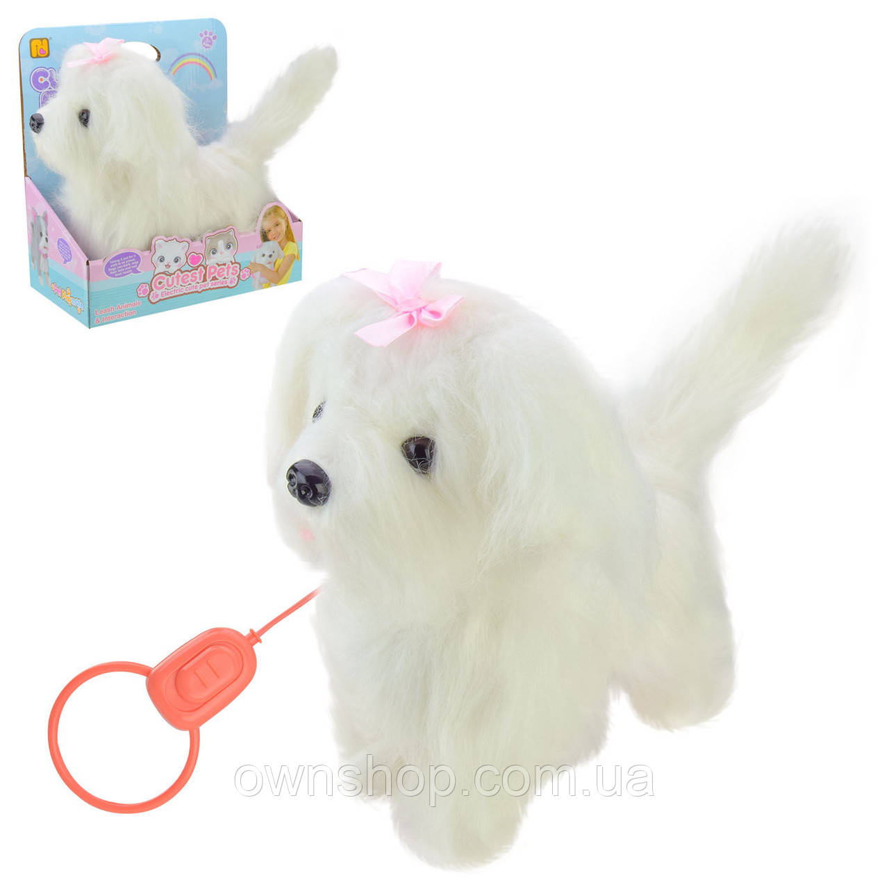 Собачка на повідку, м'яка інтерактивна іграшка 24 см, гавкає, ходить, виляє хвостом, 933-43E, фото 1