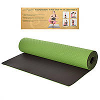 Коврик для йоги и фитнеса, каремат TPE+TC 183х61см 6 мм Зеленый/Черный (MS 0613-1-GRB)