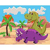 Картина за номерами Strateg ПРЕМІУМ Динозаврики у пустелі з лаком та рівнем розміром 30х40 см SS-6454