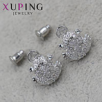 Серьги пуссеты гвоздики серебристого цвета размер 13х10 мм фирма Xuping Jewelry лягушка с монеткой в стразах