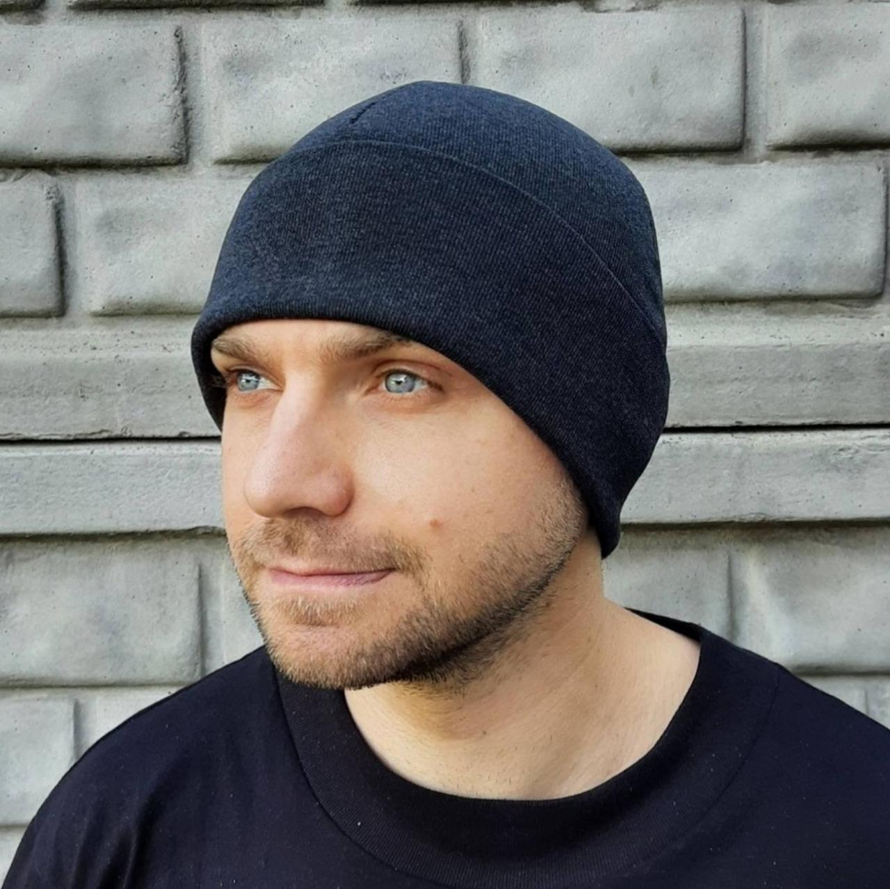 Шапка класична чоловіча тонка з відворотом №24, рібана з начосом АНТРАЦИТ