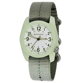 Чоловічий годинник Bertucci 11028 DX3® PLUS™ GLOW - WHITE W/ GREEN DIAL, DEFENDER DRAB™ W/ OLIVE DASH LINE™ NYLON BAND