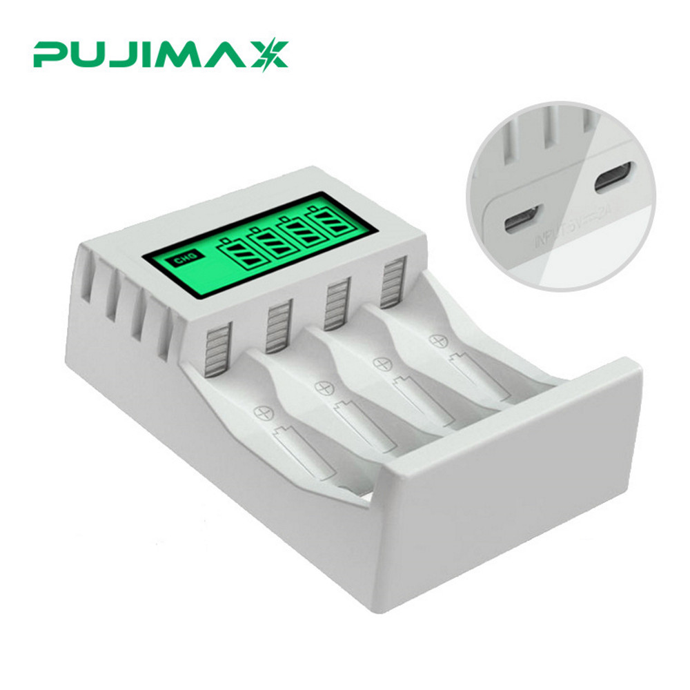 Зарядний пристрій Pujimax LCD-005 на 4 слоти для акумуляторів AA, AAA типу Ni-Mh, USB-вихід, кабель