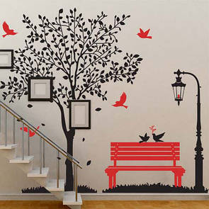 Інтер'єрна вінілова наклейка на стіну Романтика (композиція, велика наклейка, лавочка, ліхтар)