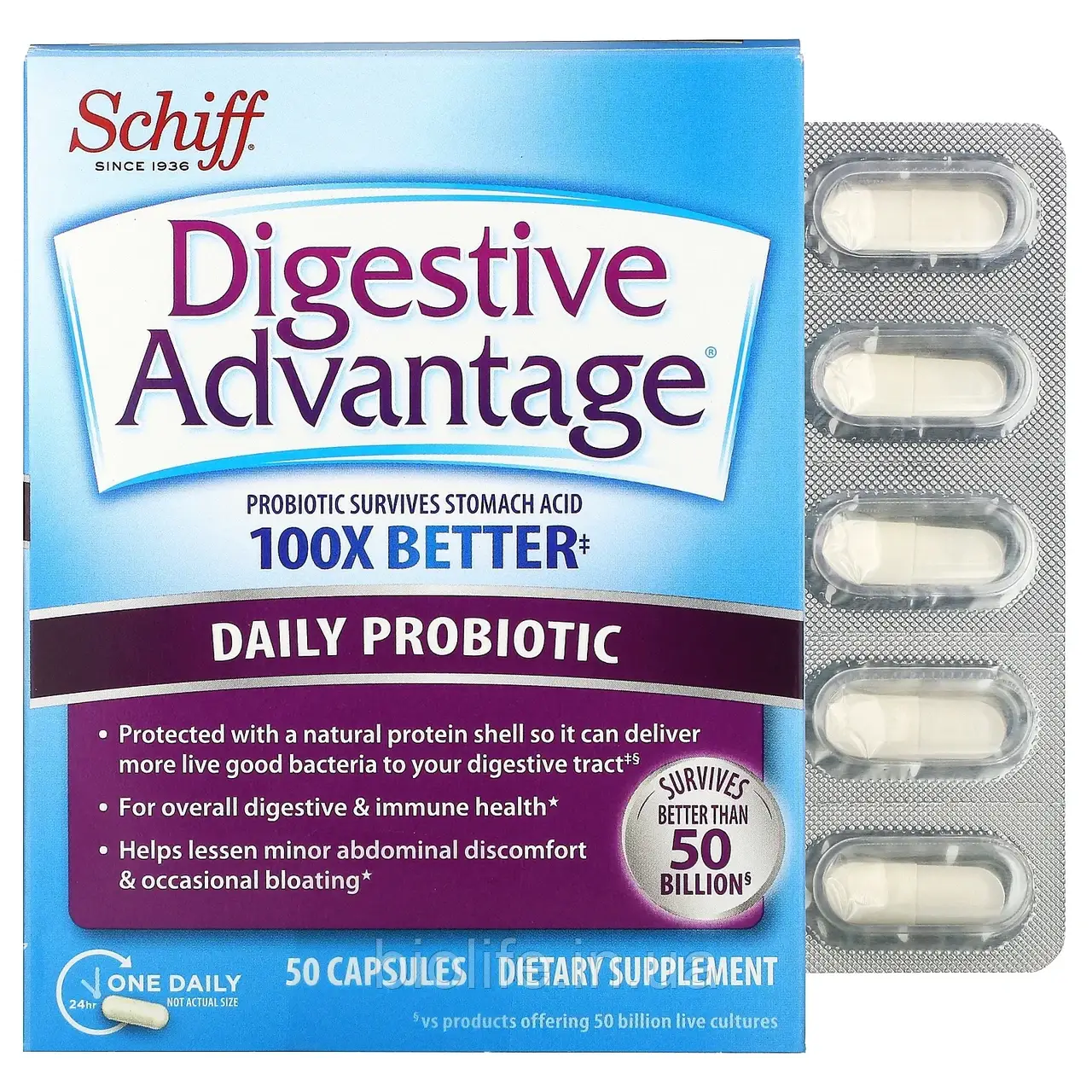 Schiff, Digestive Advantage, пробіотик для щоденного застосування, 50 капсул, фото 1
