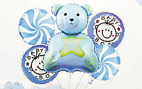 Набор из 5 воздушных шариков Мишка голубой It's a boy Baby Boy для праздника из фольги для фотозоны.