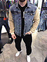 Мужская стильная джинсовая курточка / джинсовка мужская синего цвета с меховыми рукавами