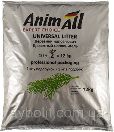 Наповнювач універсальний для котів, гризунів і птахів AnimAll Деревний вбирний 10 кг + 2 кг у подарунок (32 літри)