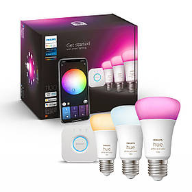 Стартовий комплект Philips Hue E27 White and Color 1100лм 75Вт 3 шт. + Блок керування Philips Hue Bridge, Apple HomeKit