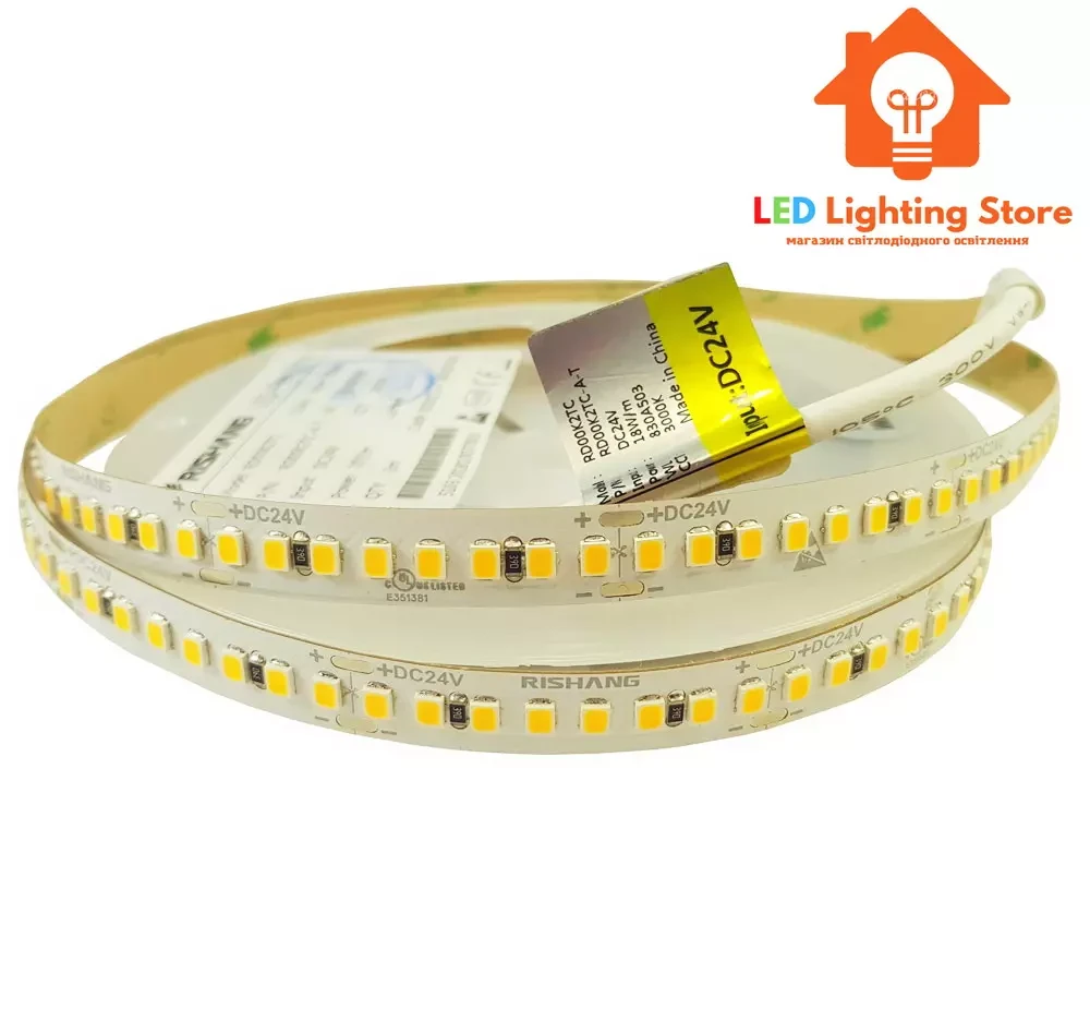 Світлодіодна стрічка RISHANG, smd2835, 24V, 192 led/m, 18W, 2650Lm, IP20, 3000K, CRI80, RD00K2TC-A (11051)